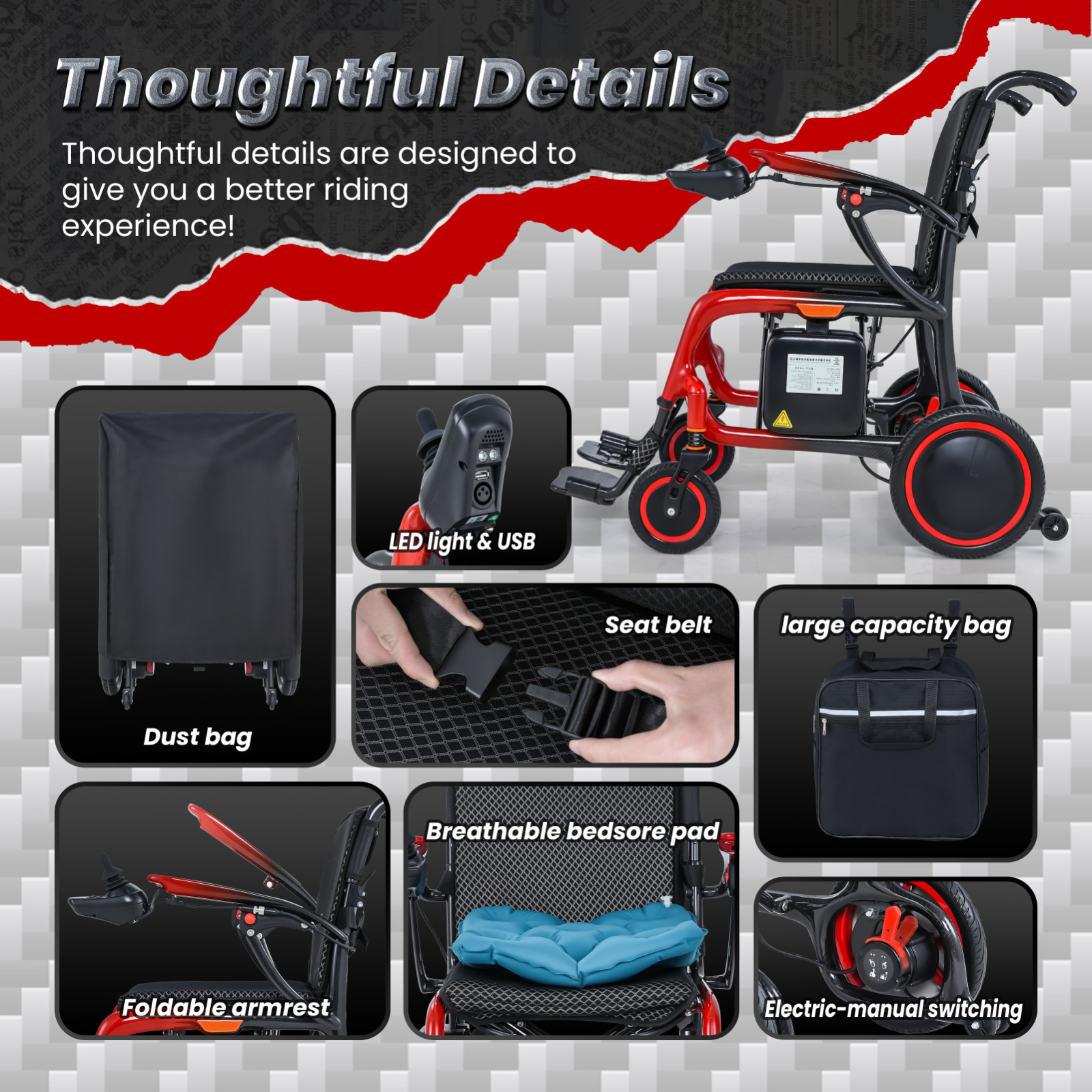 30lbs Lightweight Electric Wheelchair, Carbon Fiber Chair, Brushless Motor, 24AH