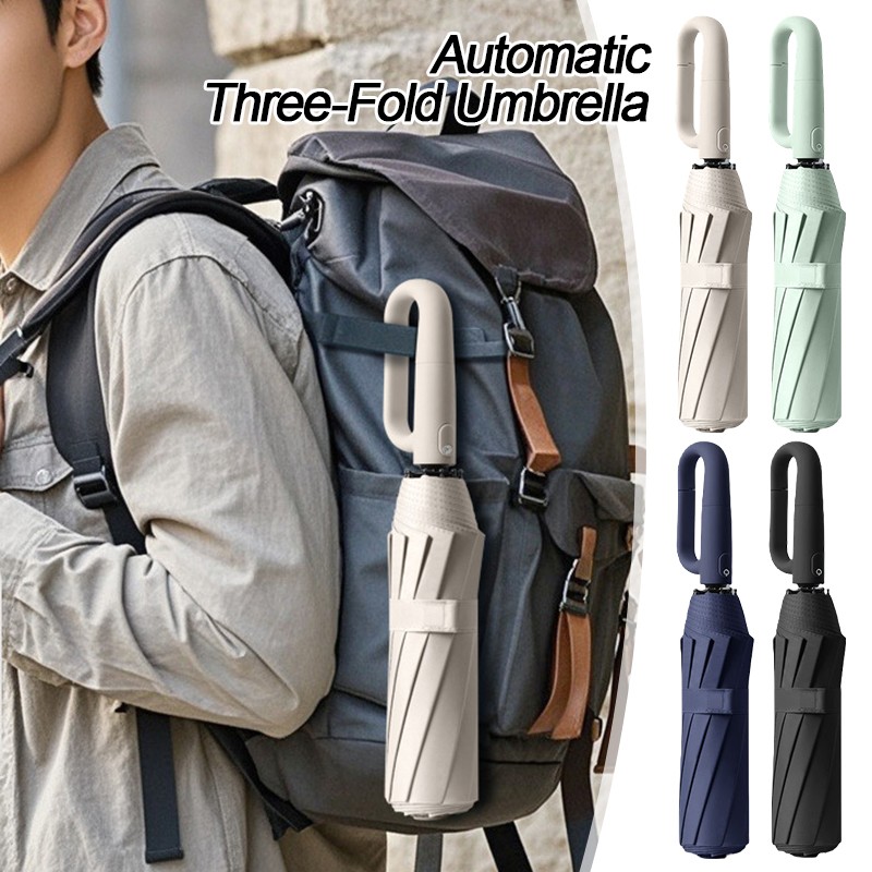 Automatic Three-Fold Umbrella Outdoor Carabiner Umbrella Auto-Fold UV Protection