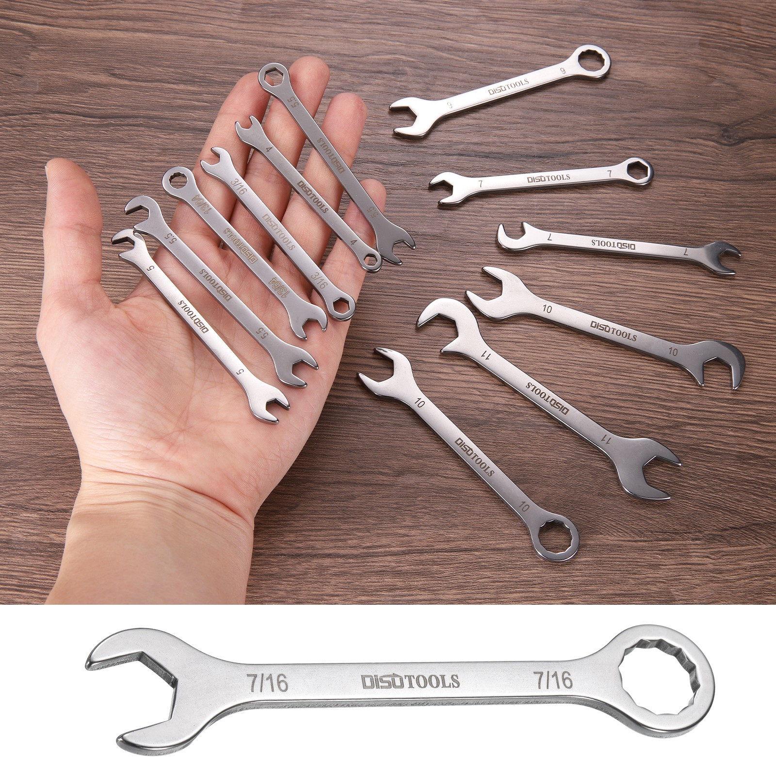 2pcs Thin Combination Wrench 7/16" with 6-Point Ended 5°Angled Open End