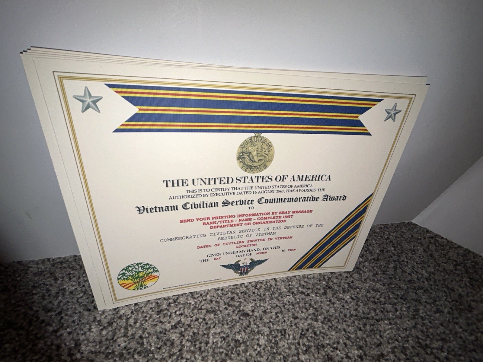VIETNAM CIVILIAN SERVICE AWARD COMMEMORATIVE CERTIFICATE ~ W/PRINTING TYPE-1