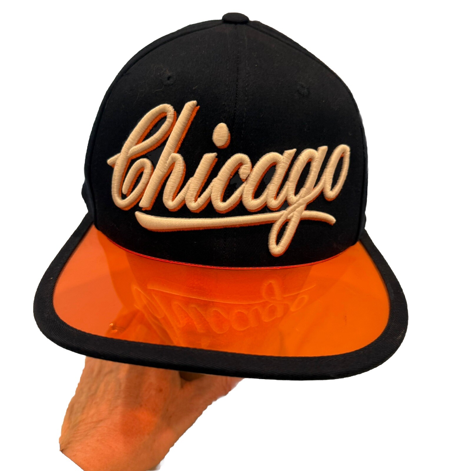 Chicago Script in White on Navy Hat Cap w Transparent Orange Bill Snapback wTags