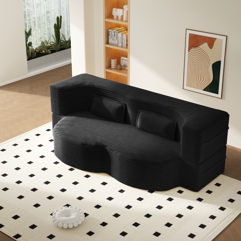 Corduroy Twin Floor Sofa Bed w/ 2 Pillows, Foldable Sleeper Couch, Black