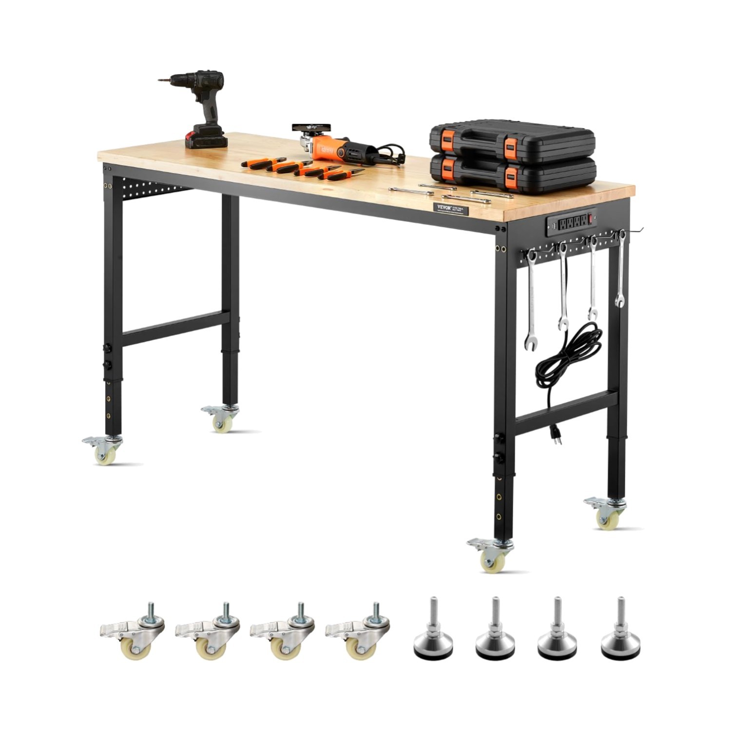 Workbench Heavy Duty Oak Wood Top Adjustable Height with Power and Casters