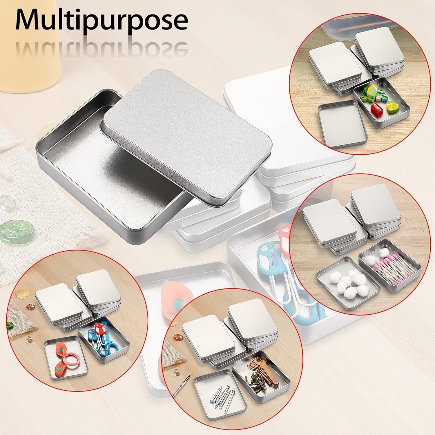 Rectangular Storage Tins Box with Lid Metal Silver 12 Pack