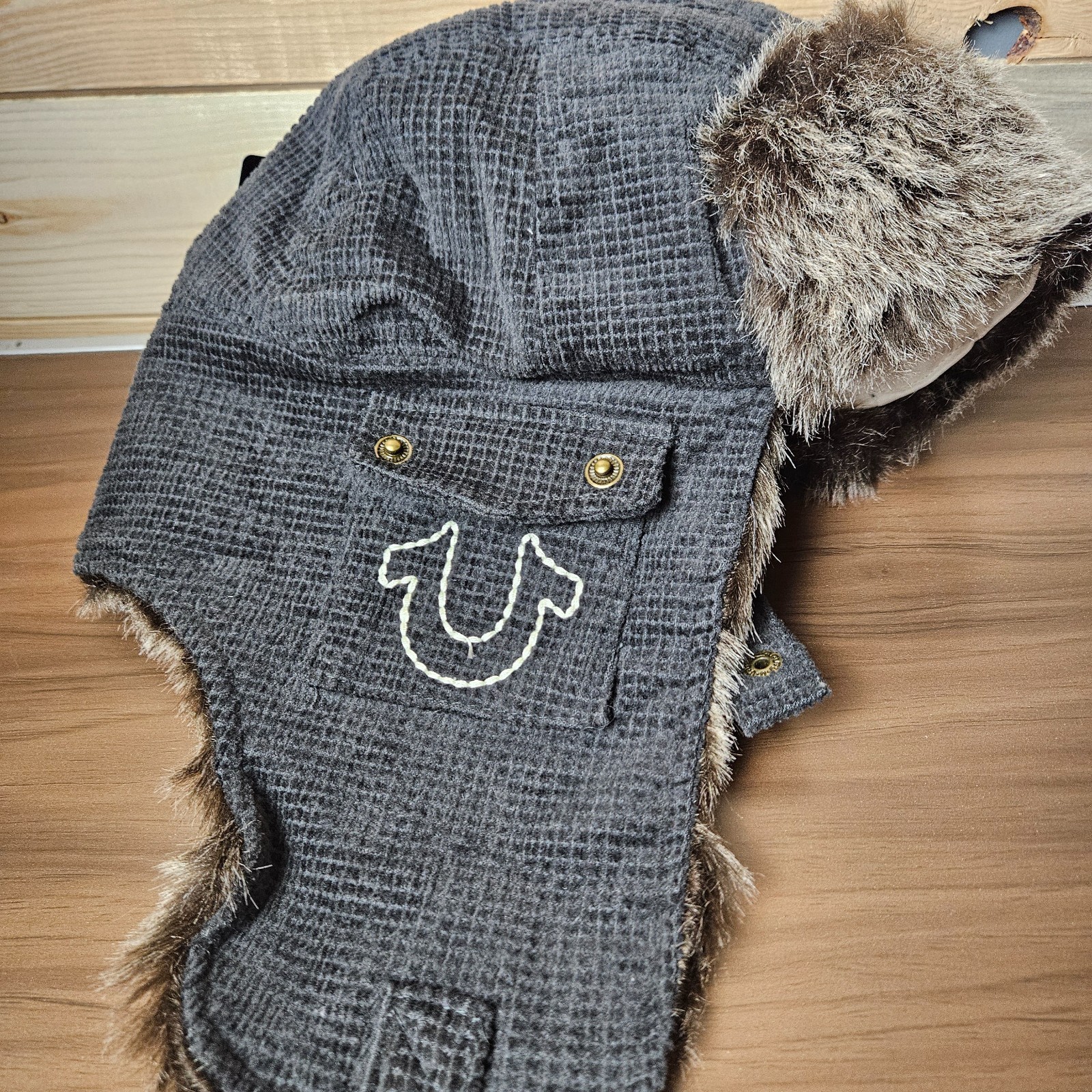 True Religion Winter Trapper Hat Fur Dark Grey Cap Horseshoe Pockets Warm NEW