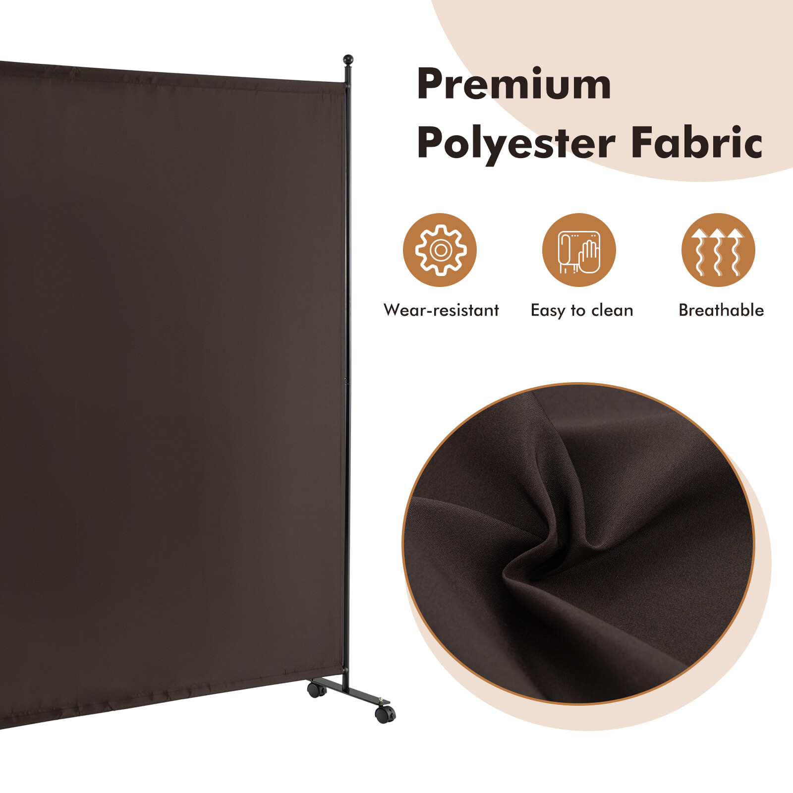 6FT Single Panel Room Divider w/ Wheels Rolling Fabric Partition Privacy Screen