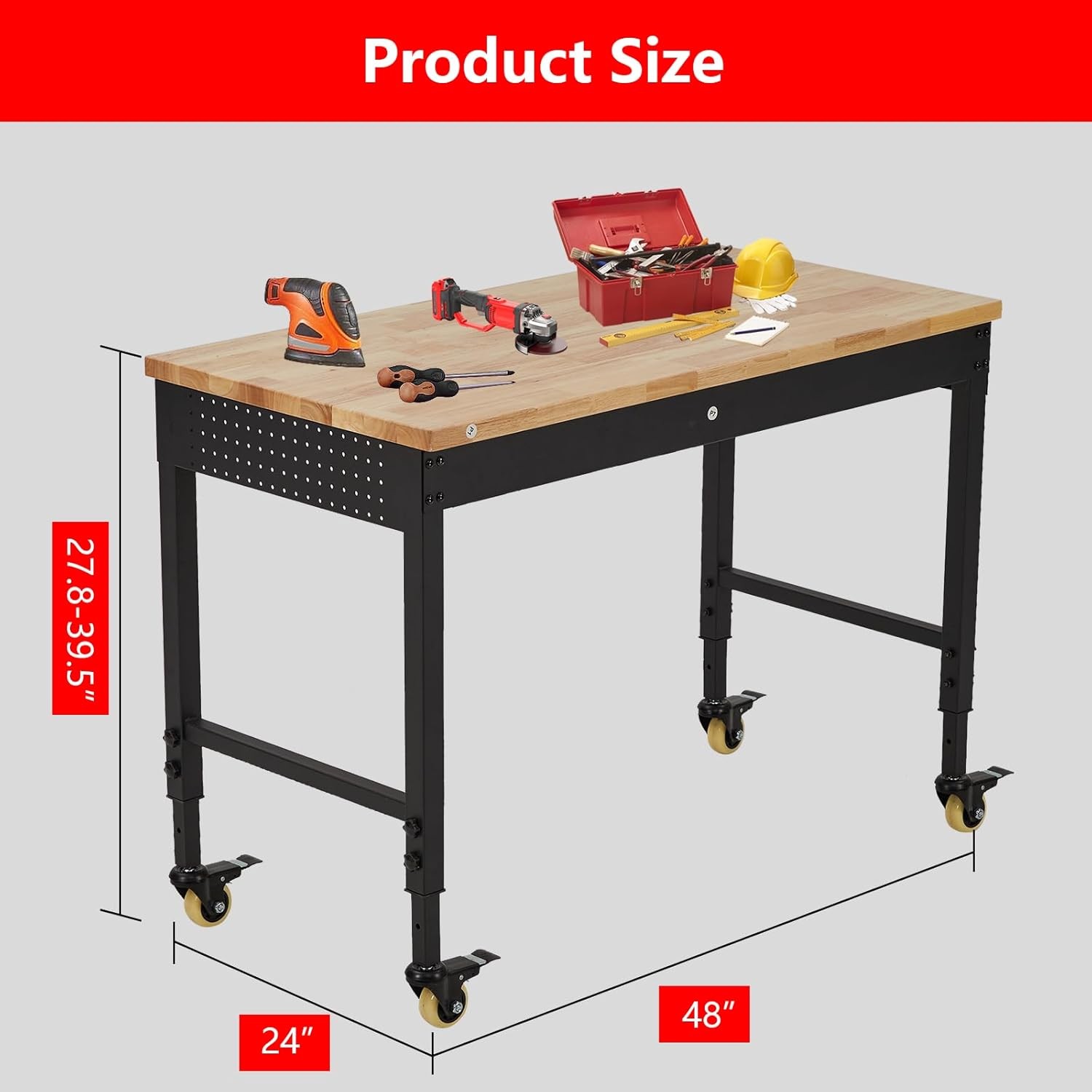 48"x22" Adjustable Workbench 2000 LB Rubber Wood Top with Leveling Foot & Wheels