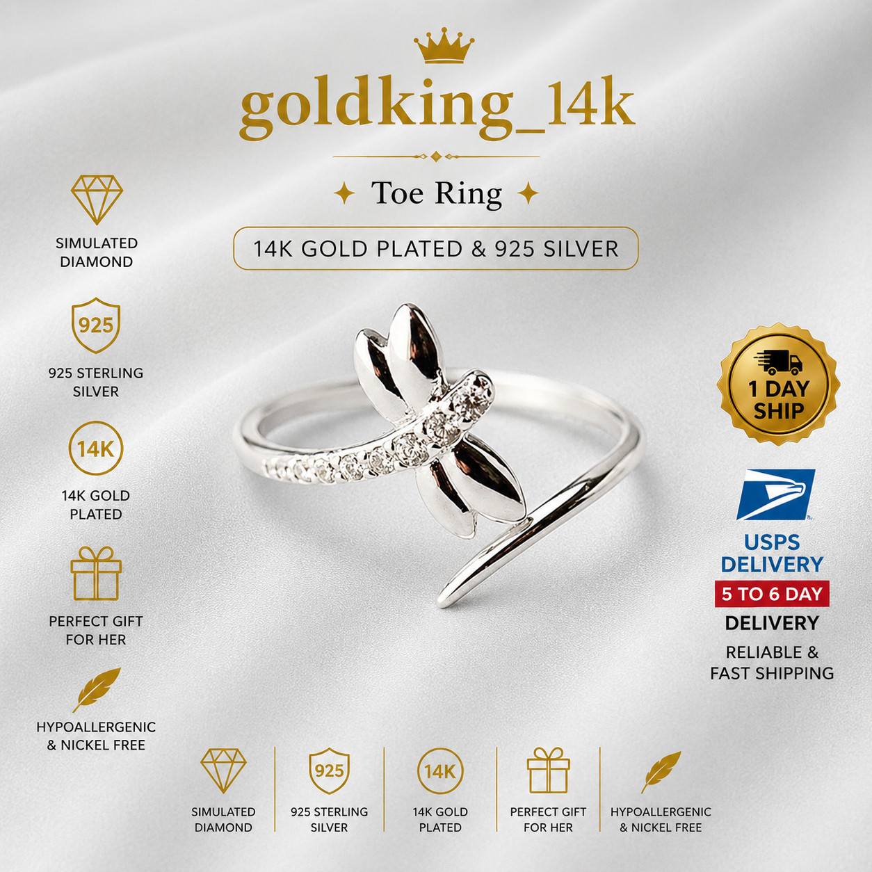 Dragonfly  White Round Cut 0.56CT Stone Bypass Engagement  Graceful Toe Ring