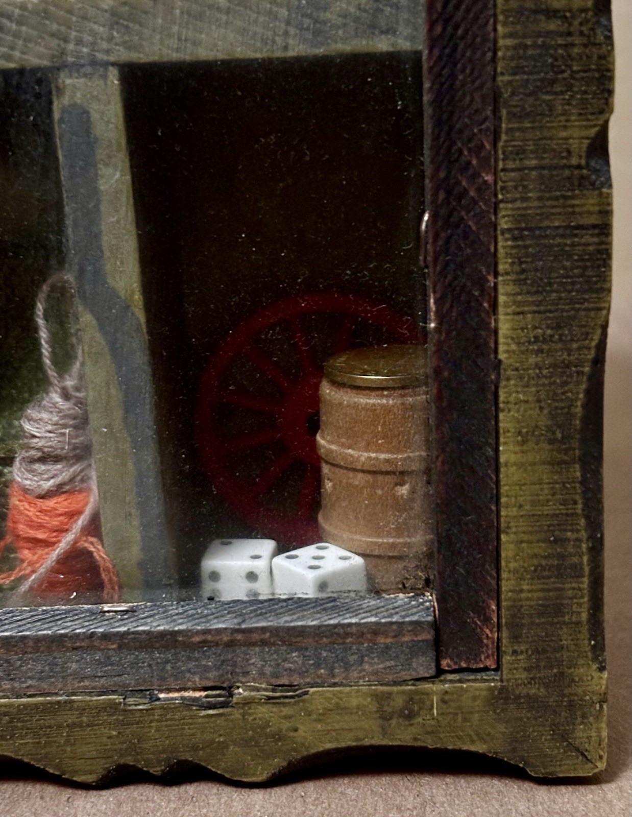 VTG Wooden Capistrano Shadow Box-Swallows Cat Dog Iron Holly Hobbie Rx Dice Bell