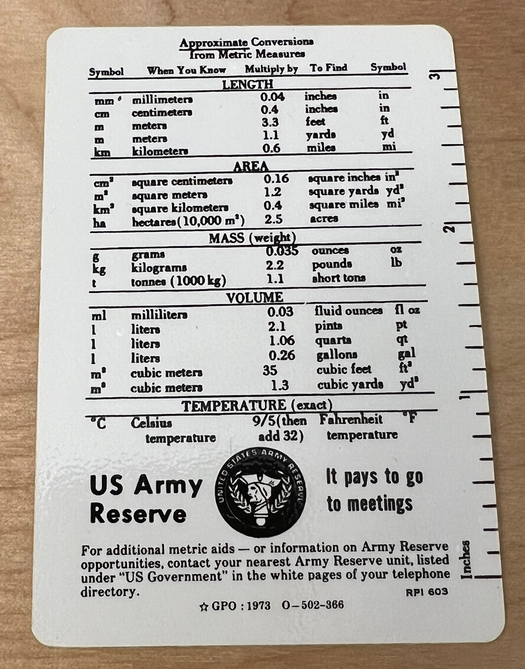 US Army Reserve Military Metric Conversion Card 1973 O-502-366 RPI 603  B50