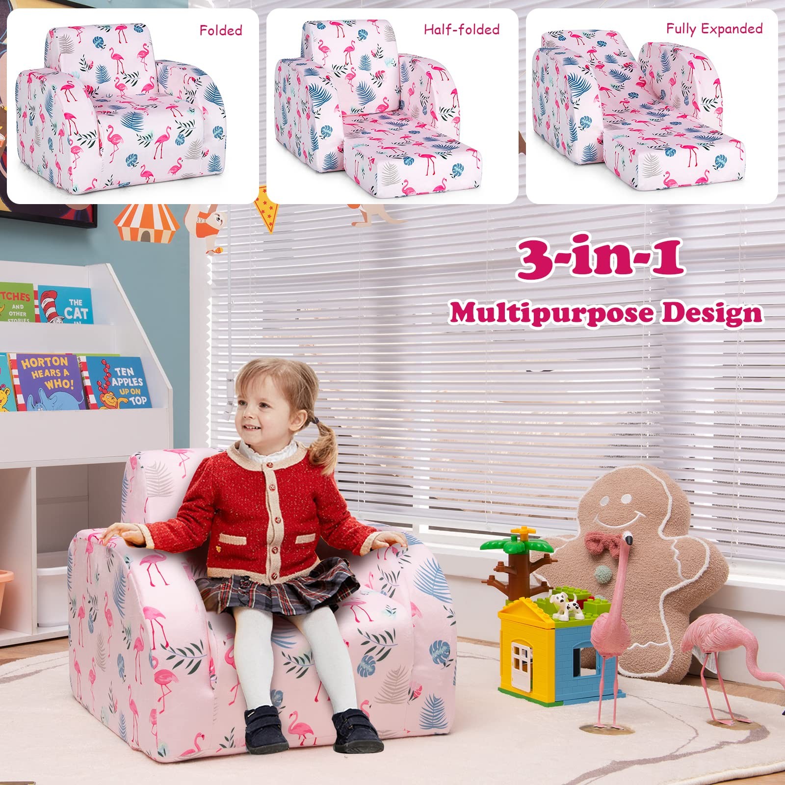 Kids Sofa, 3-in-1 Convertible Children Folding Sofa & Comfy Flip Open Lounger...