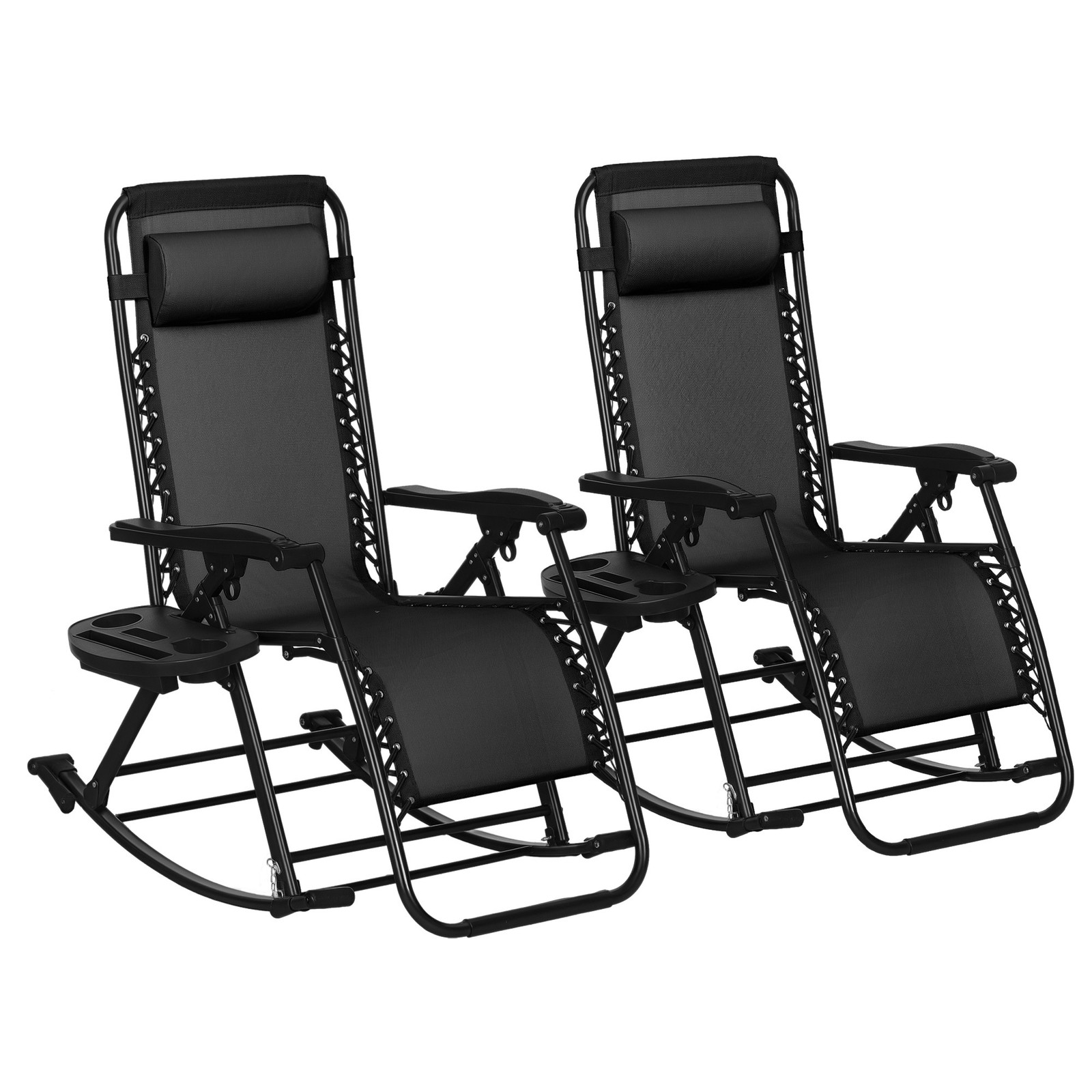 2 Pcs Folding Zero Gravity Reclining Rocking Chair, Pillow, Cup Holder, Black