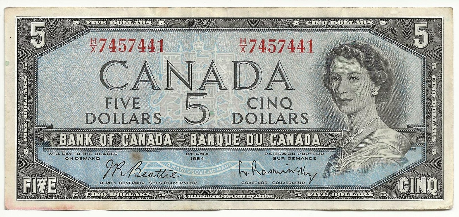 BC-39b 1954 Canada 5 dollar note world lot Comb Shipping