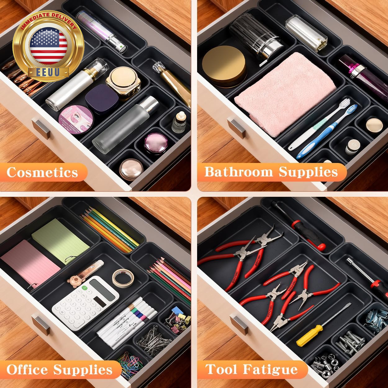 8PCS Plastic Interlocking Drawer Organizer, 3 Sizes Versatile Desk Drawer Organi