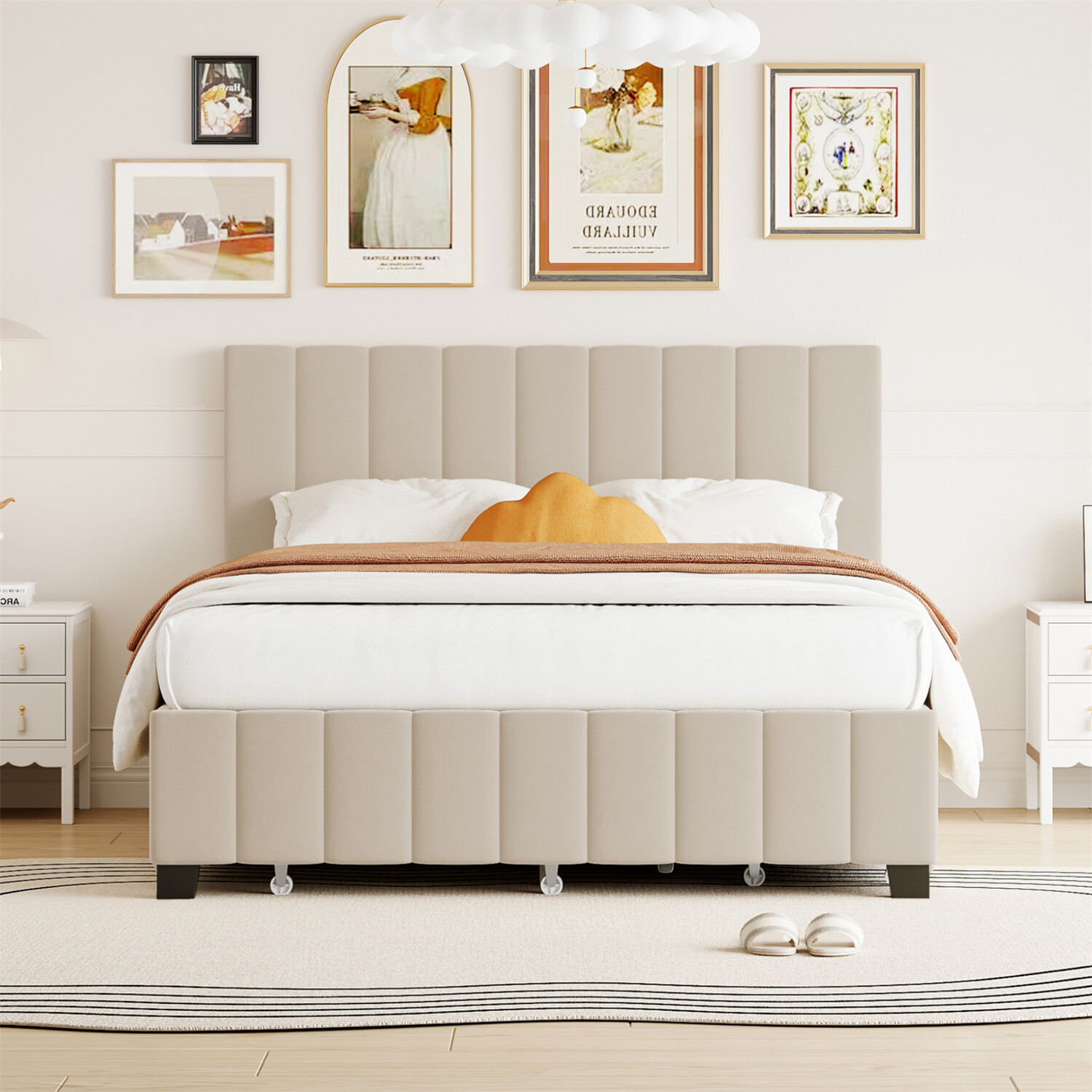Queen Size Bed Frame Velvet Upholstered Platform Bed with 2 Drawers & Trundle