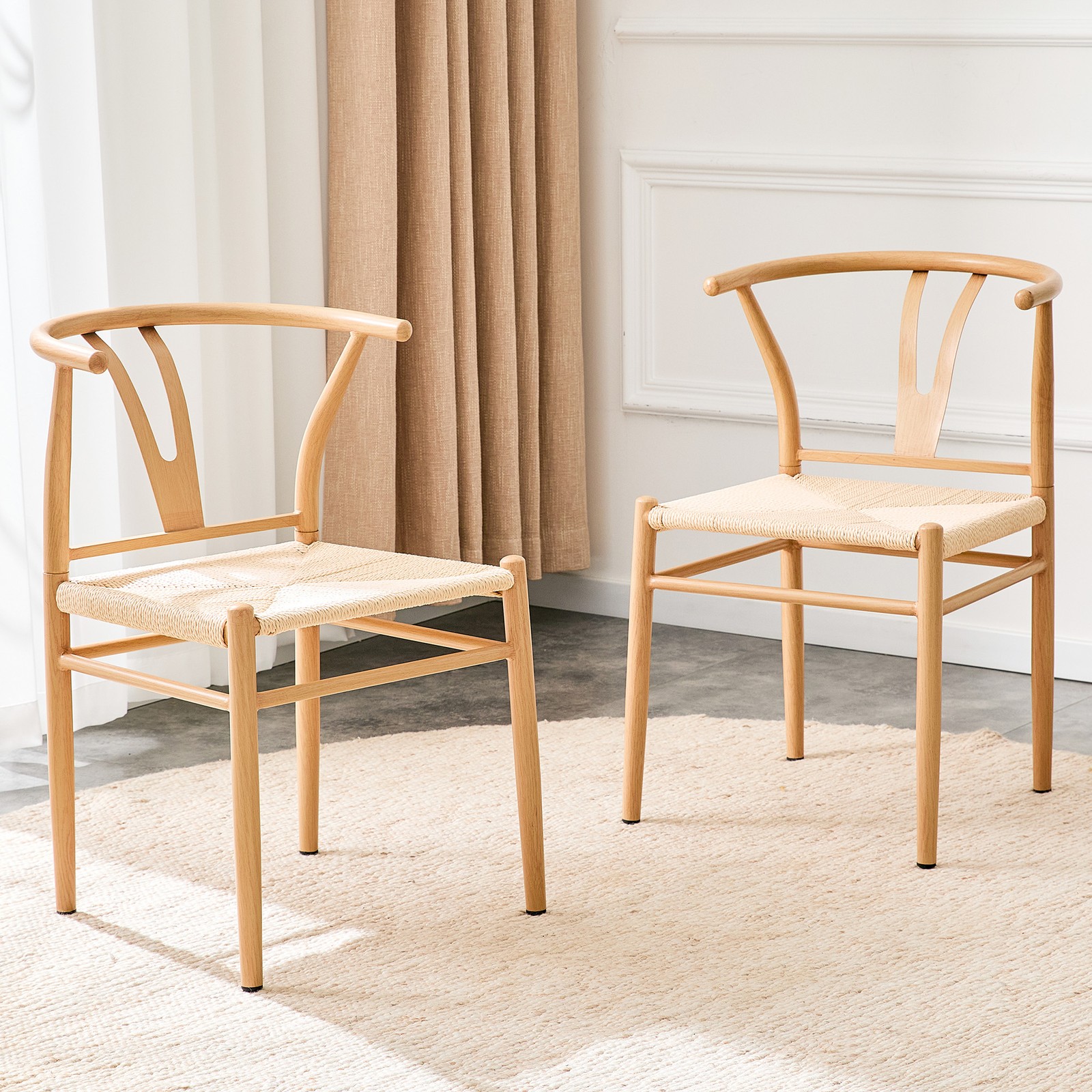Modern Wishbone Dining Chair Iron Metal Farmhouse Woven Seat Set of 2