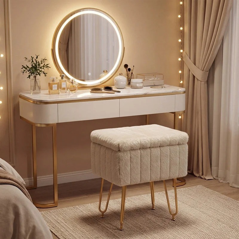 Comfortable Footrest With Storage, Vanity Stool Suitable for Living Room,Camel