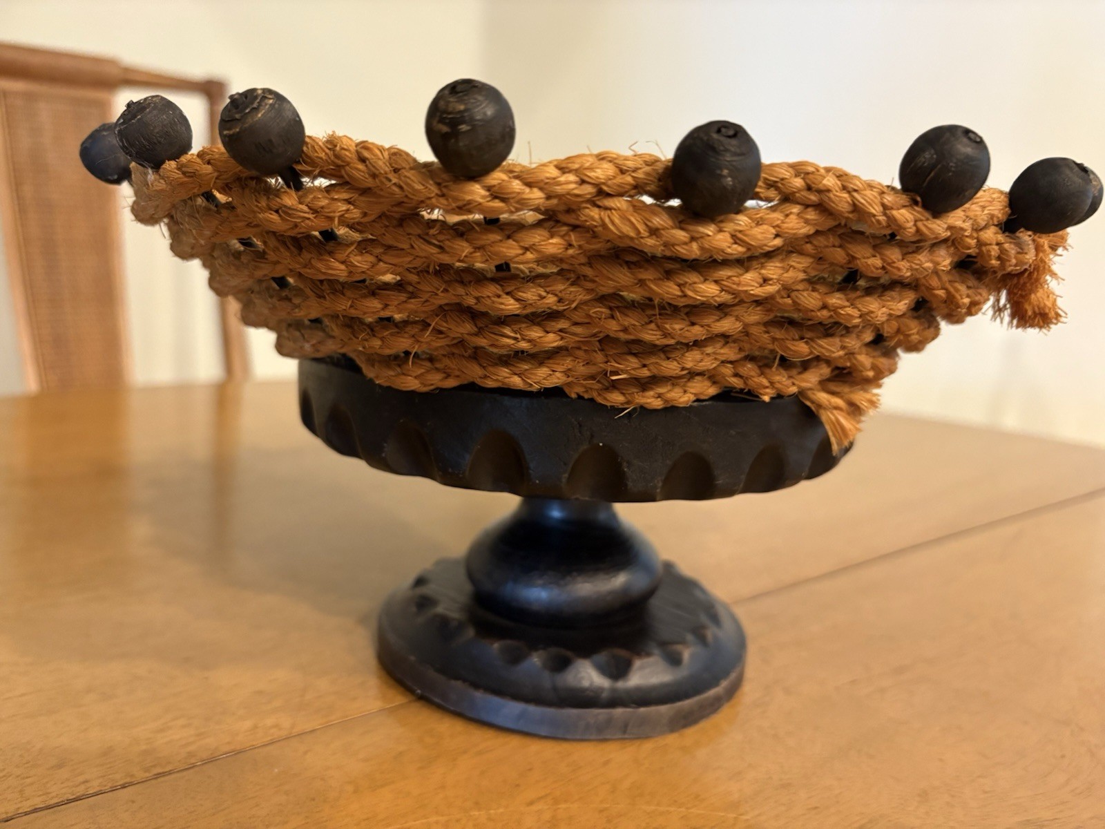Vtg Disney Parks Carved Wood & Woven Rope Basket Pedestal Fruit Basket 11"