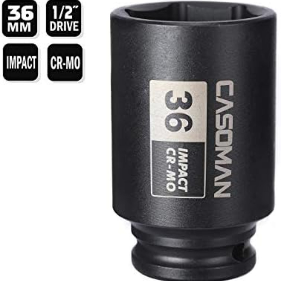 1/2" Drive X 36 Mm Deep 6 PT Impact Socket, CR-MO, Drive 6 Point Axle Nut Socket