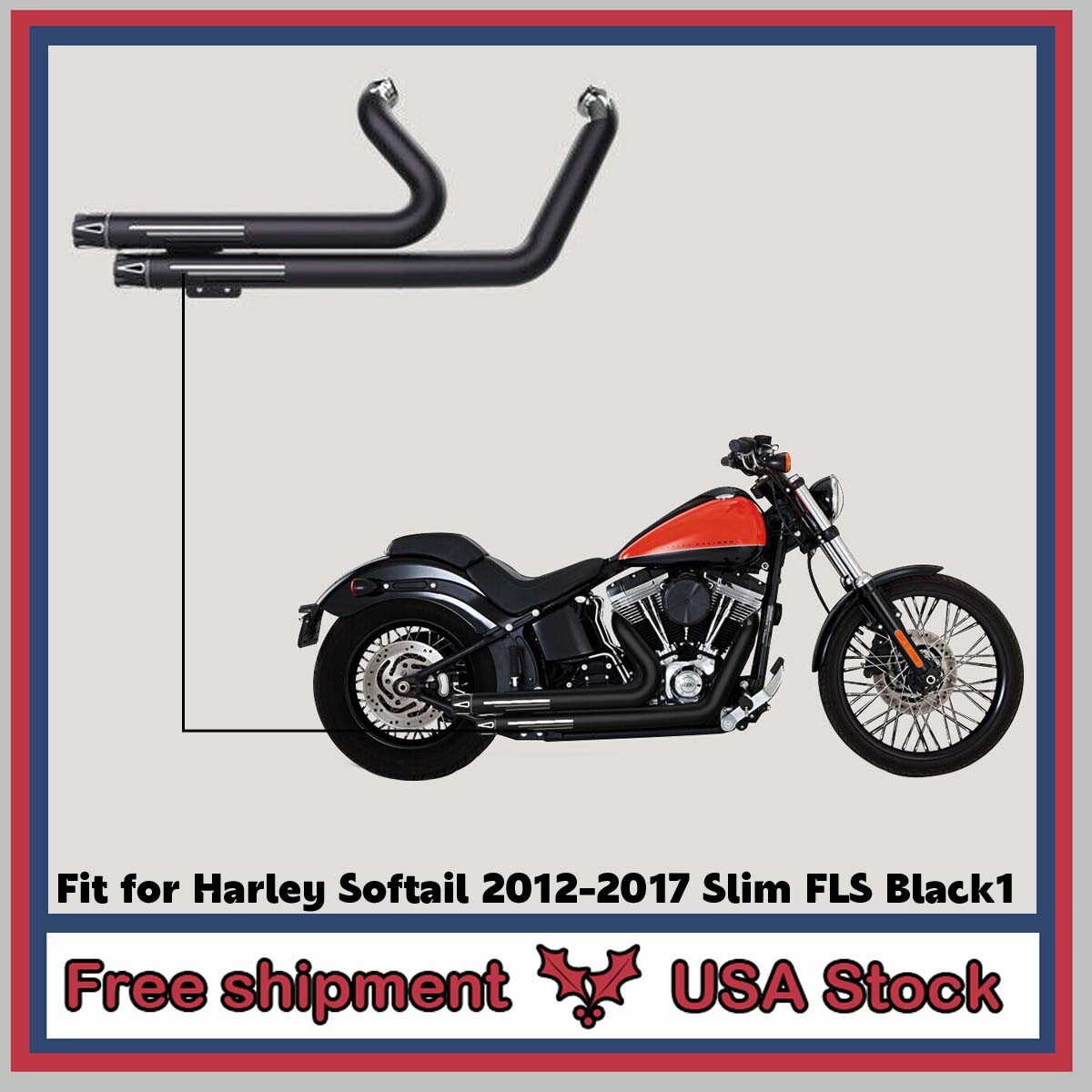 Fit for Harley Softail 2012-2017 Slim FLS Black1 Dual Pipes Muffler Exhaust