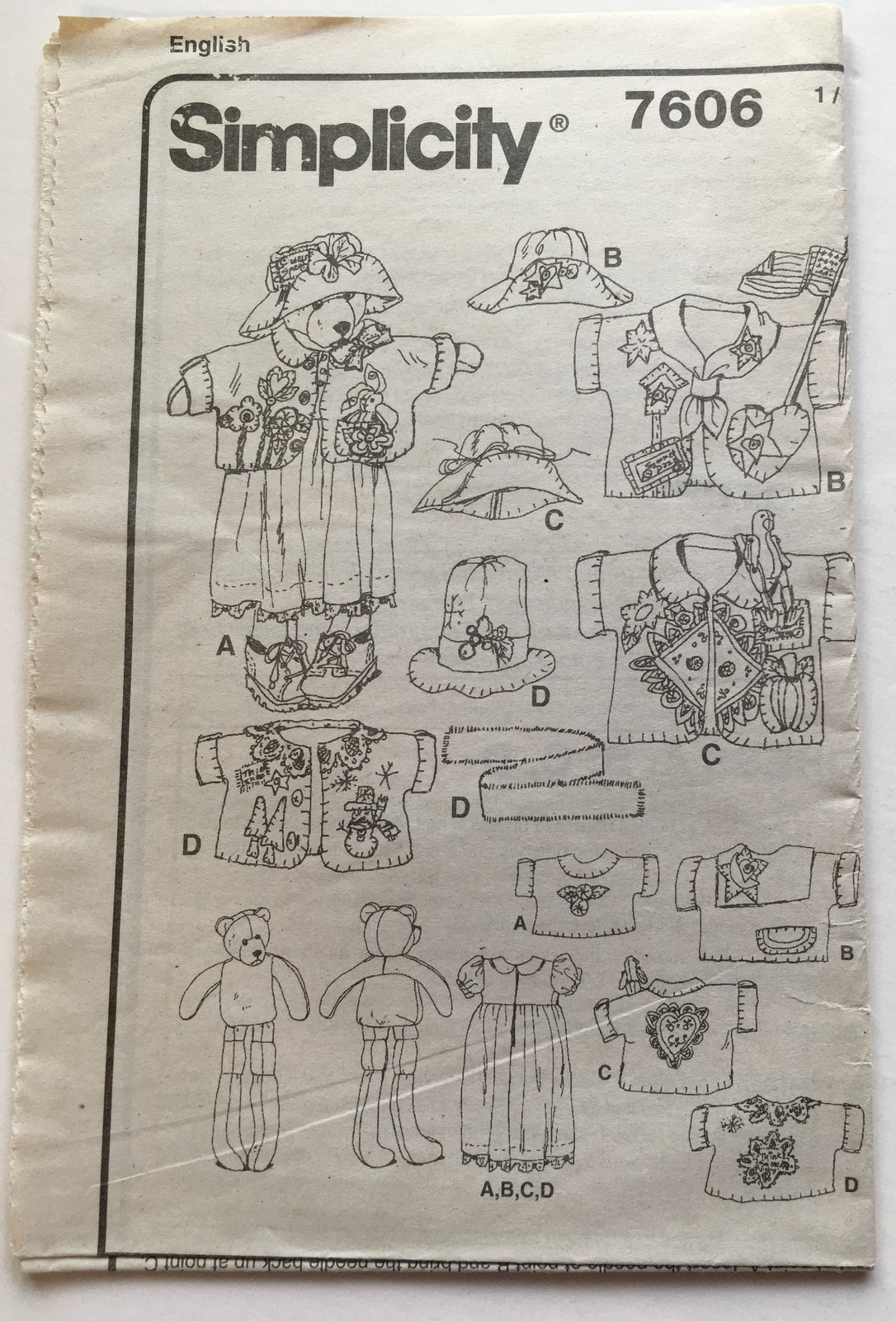 Simplicity Crafts Sewing Pattern 7606 Stuffed Bear doll 31", Clothes + applique