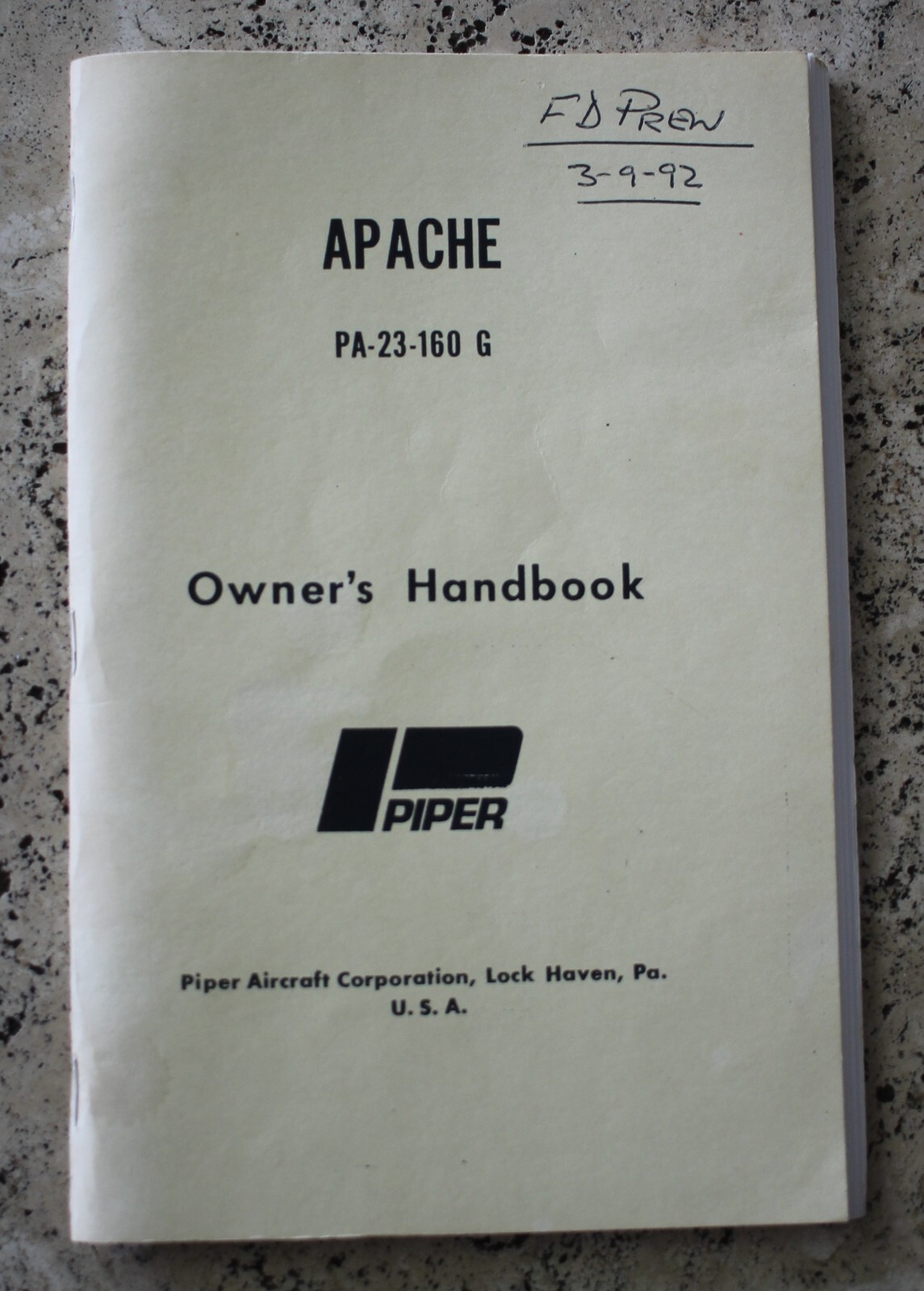 Vintage Piper Aircraft Apache PA-23-160 Owner's Handbook Manual (reprinted copy)