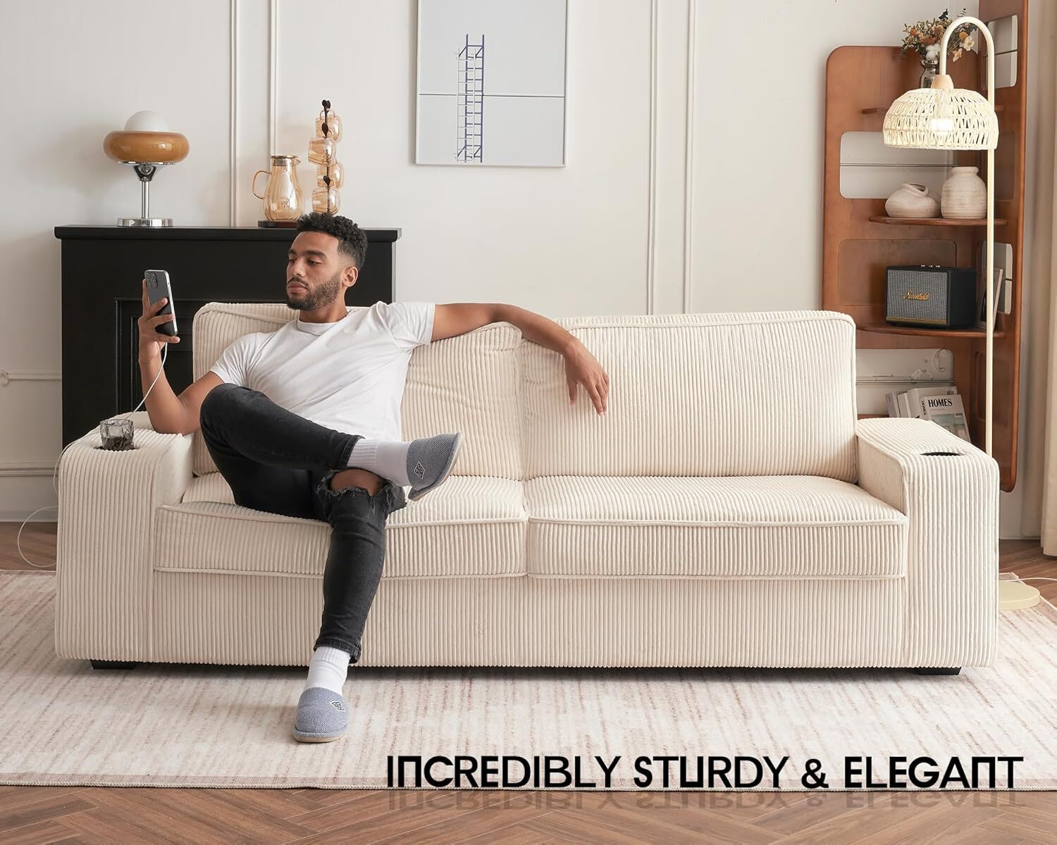VanAcc Couch,Deep Seat Sofa with USB Charging Ports & Cup Holders,Comfy couch