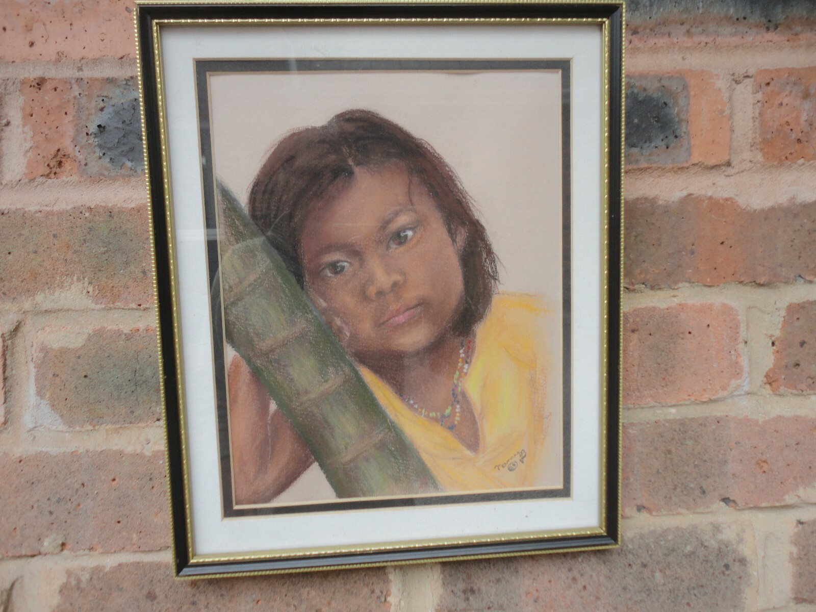 LOVELY FRAMED SIGNED ORIGINAL PASTEL DRAWING OF PRETTY ETHNIC GIRL-BOY 1984