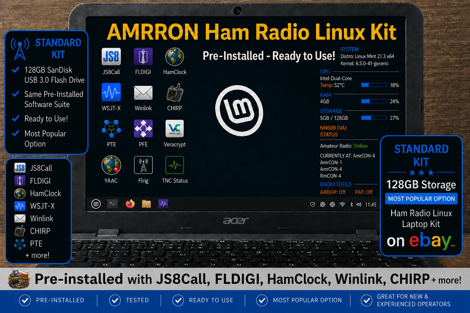 AMRRON Ham Radio Linux Laptop Kit 128GB HamClock Digital Modes JS8Call FLDIGI