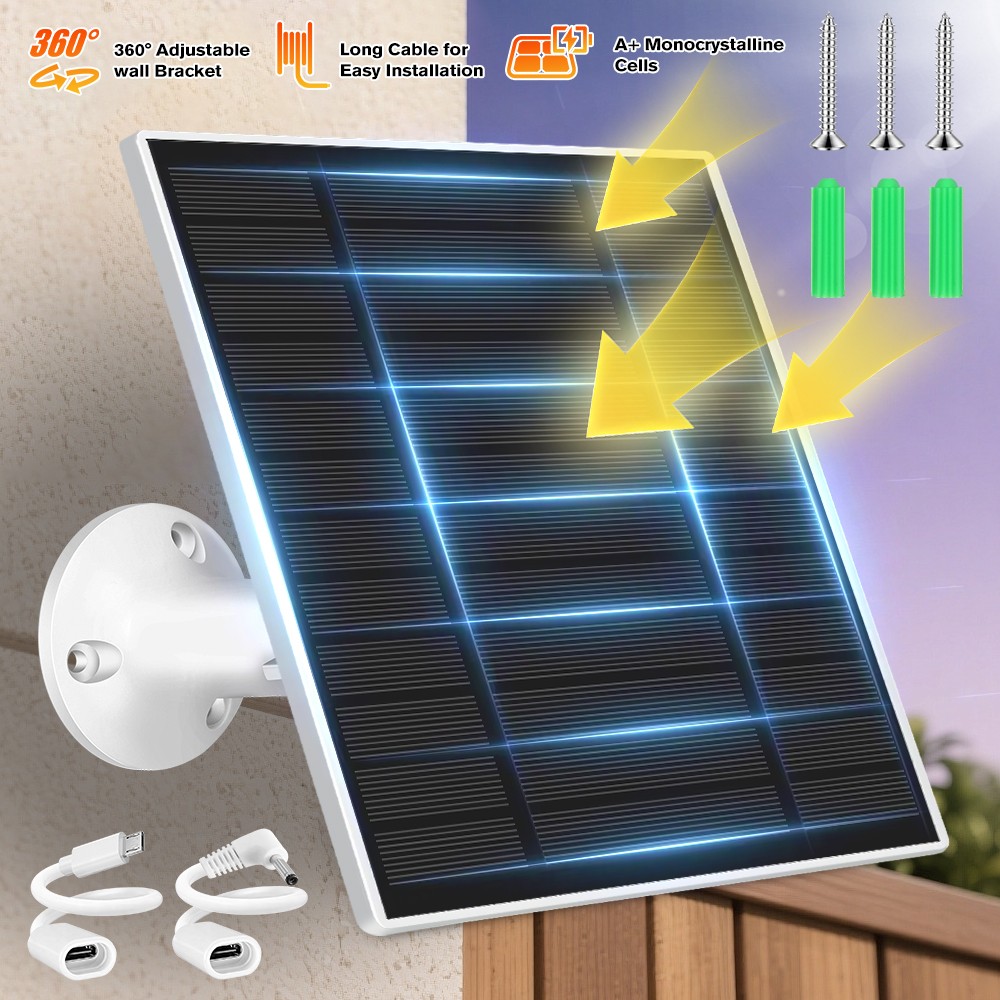 5W Solar Panel for Spotlight Stick Up Camera Battery Charger Micro USB Type C DC