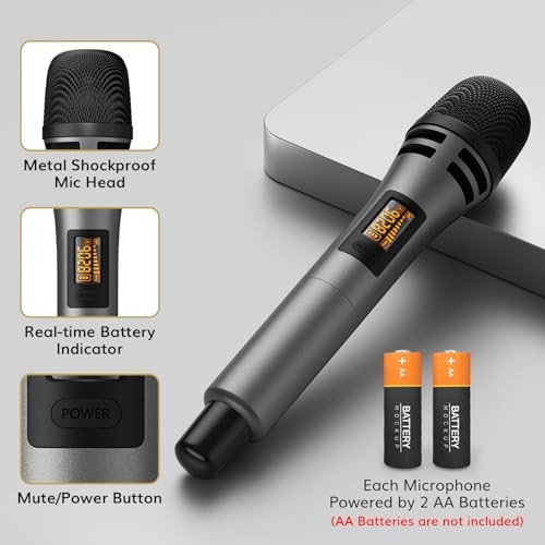 4 UHF Karaoke Microphones - 4 Microfonos - Grey - Wireless