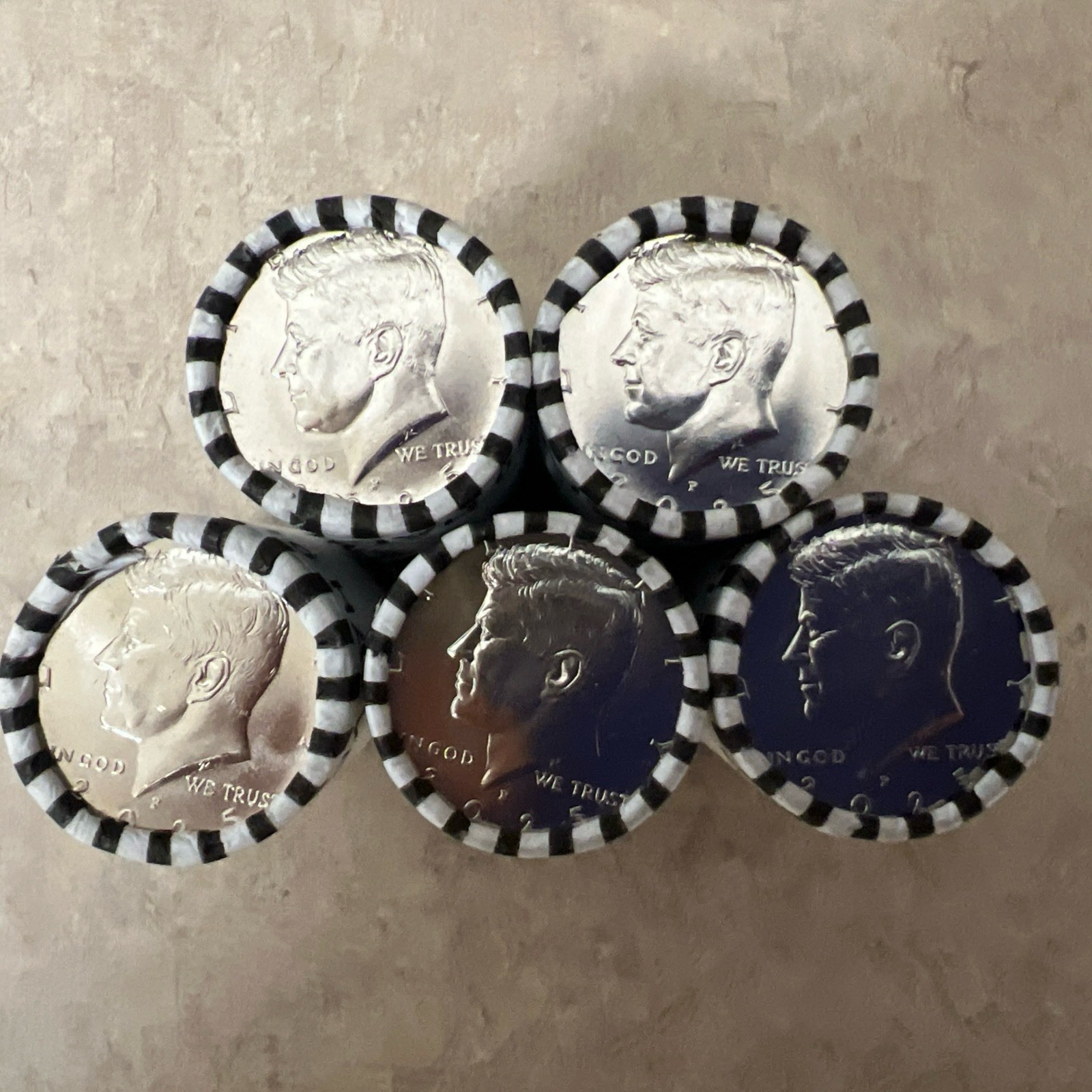 SALE 2025P Kennedy Half Dollar Roll Lot $50 FV 5 Rolls