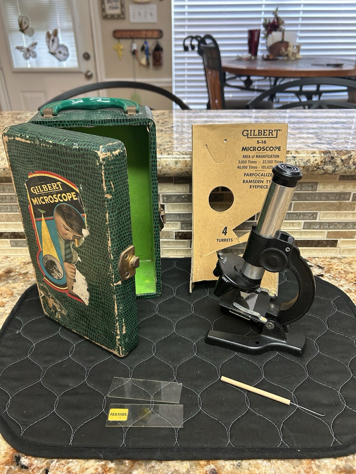 Vintage 1930s Gilbert Microscope S-16 Kit w Case Slides, Hook Tool-- Set