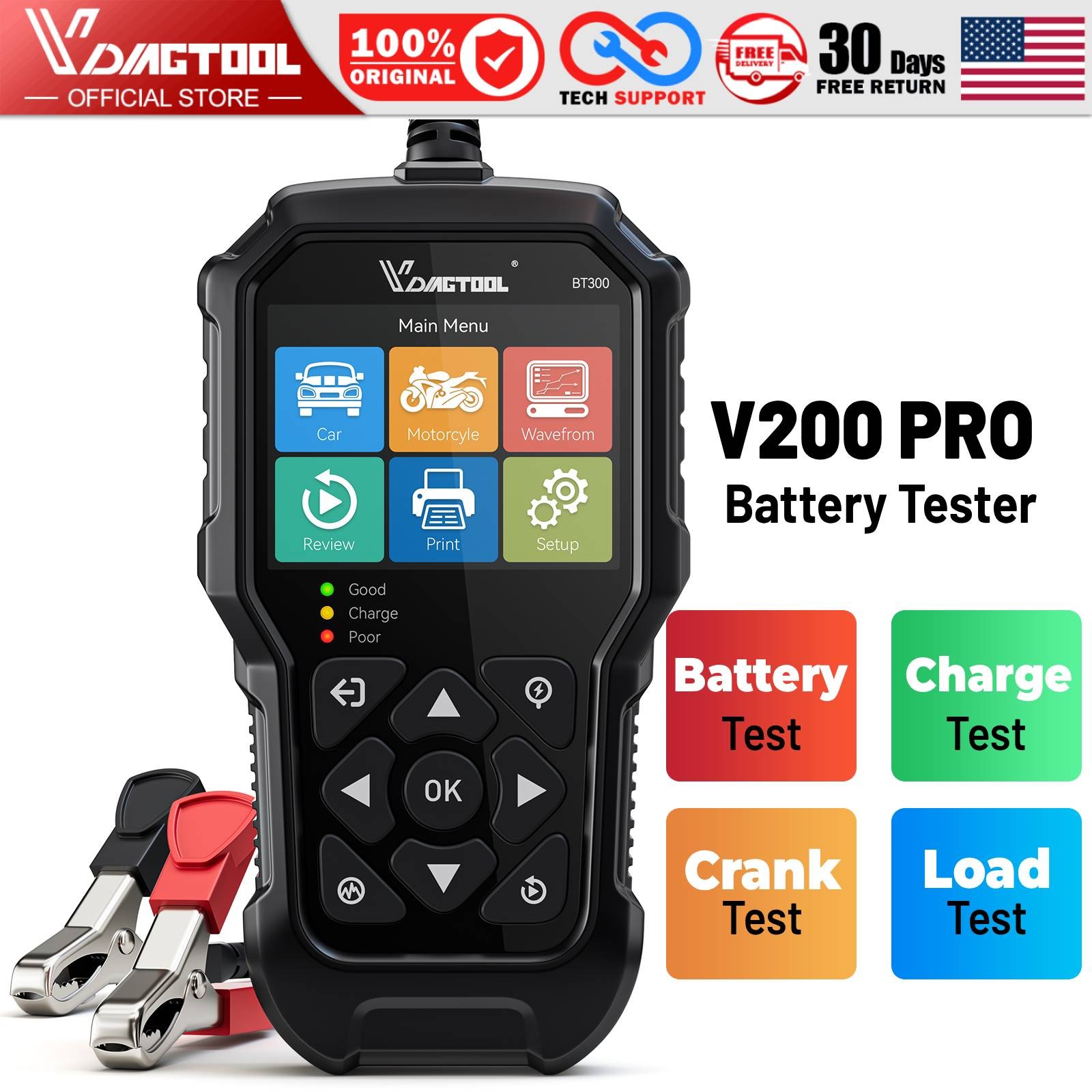 VDIAGTOOL BT300 Car Battery Tester 6V/12V Load Tester Charging System Analyzer