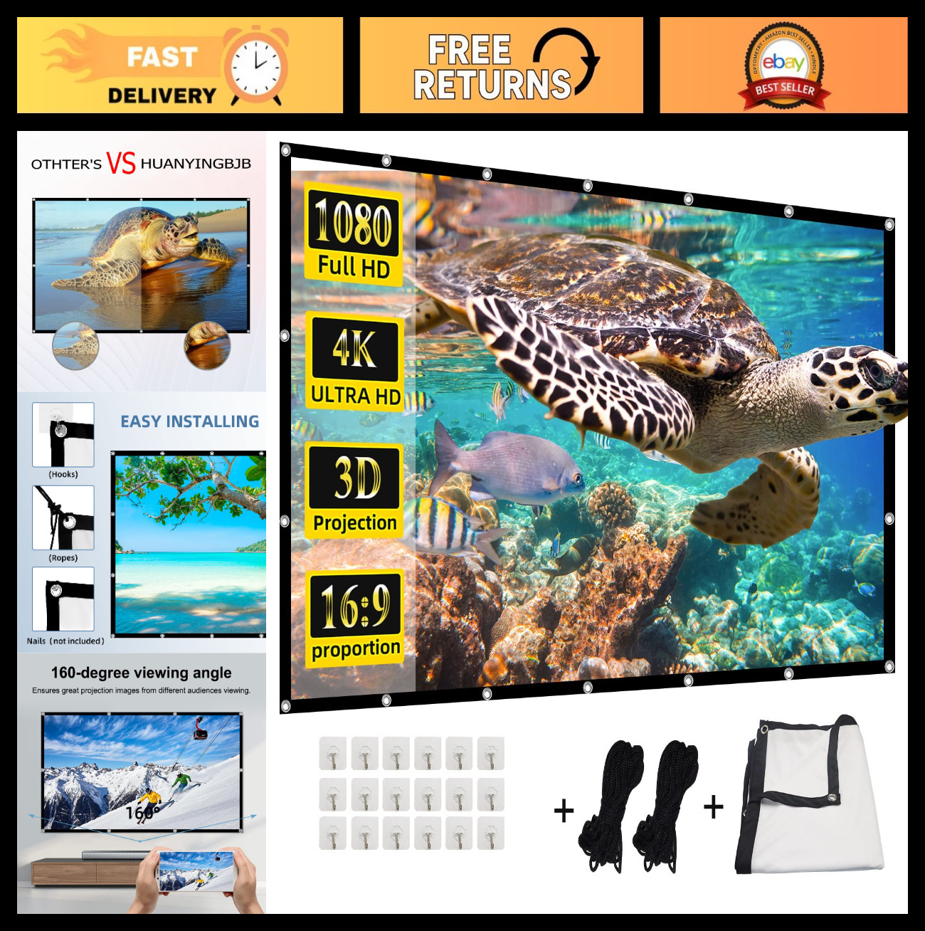 200" 4K HD Projector Screen - Foldable Double-Sided Indoor/Outdoor Movie Screen