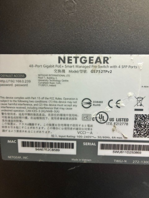 NETGEAR ProSafe Switch w/POE (GS752TP) 52 port (48poe + 4 SFP)