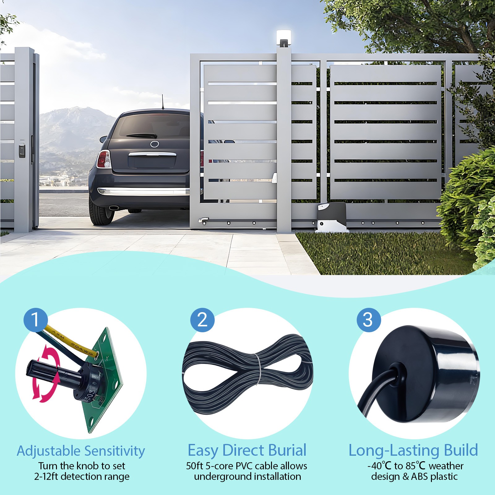 Driveway Gate Vehicle Exit Sensor with 50ft Cable - Universal Compatibility