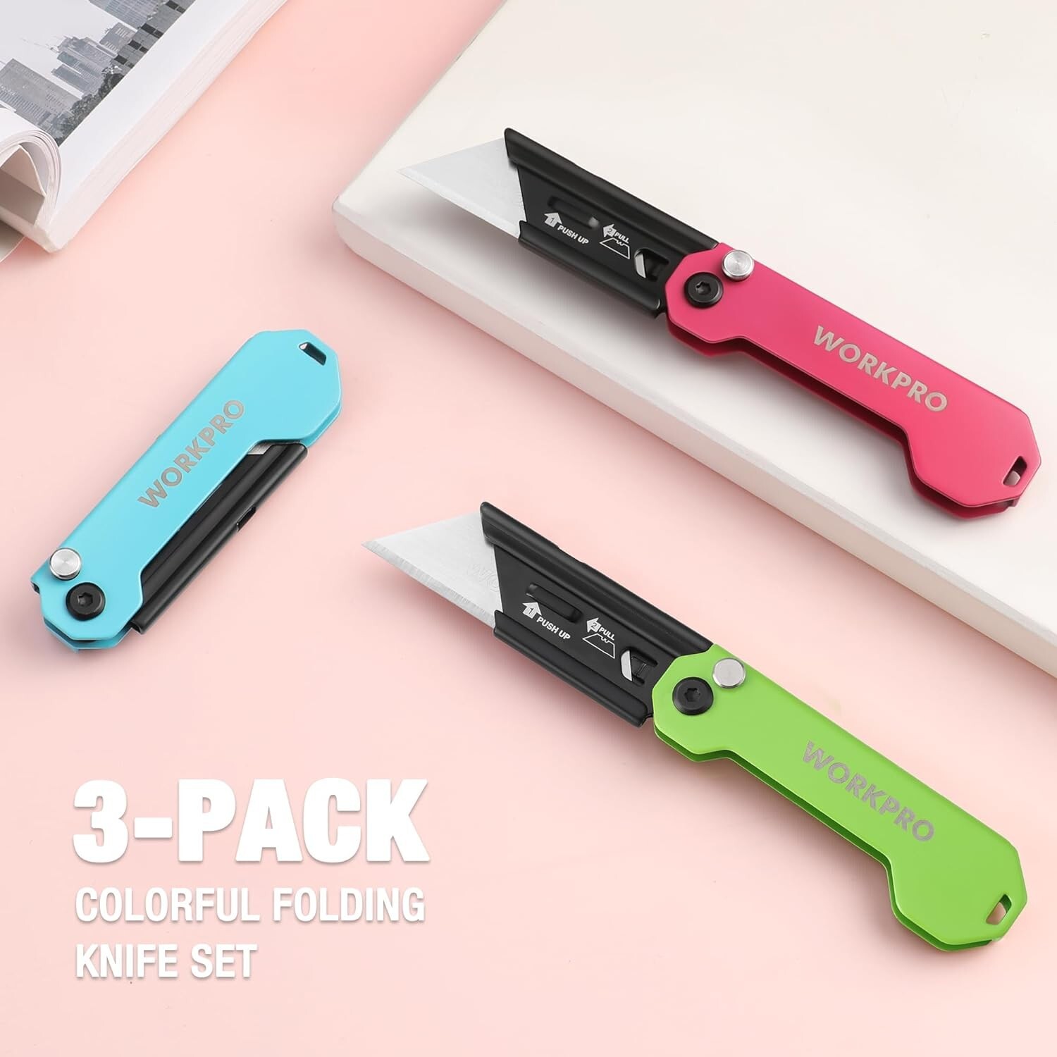 WORKPRO 3PCS Folding Utility Knife Mini Box Cutter Axis Lock Quick-change Blades