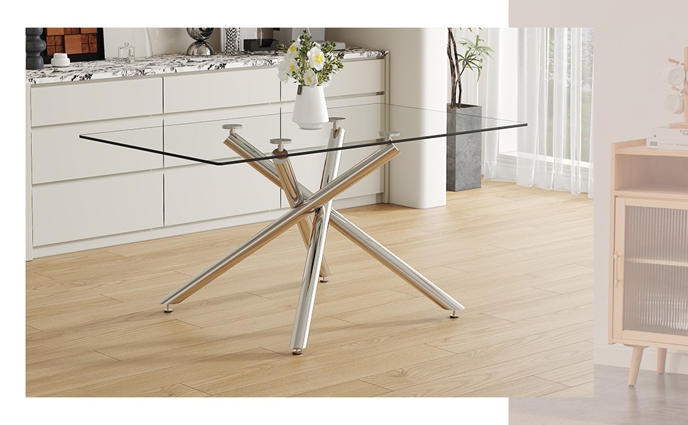 Large Modern Minimalist Rectangular Glass Dining Table with 0.39" Tempered Gla
