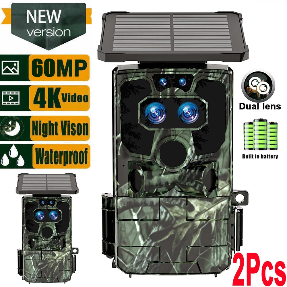 2* Solar 4K Trail Camera 60MP Dual lens NightVision WiFi Bluetooth Wildlife Game