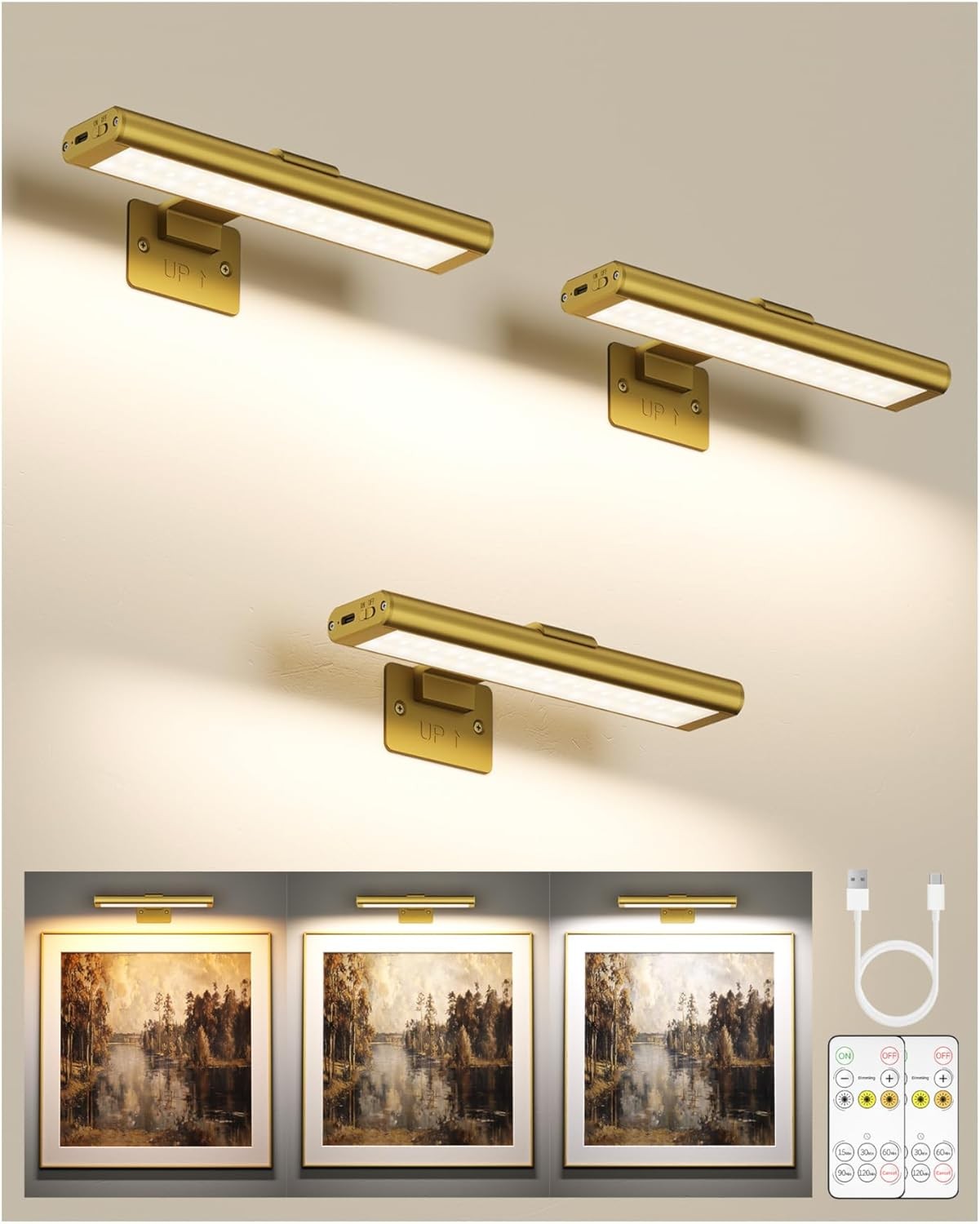 3 Wireless Picture Light for Wall: 8" Rechargeable Art Light with Remote & Timer