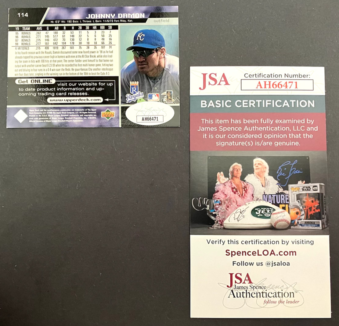 Johnny Damon 1998 Upper Deck Baseball #114 Hand Signed KC Royals JSA CERTIFICATE