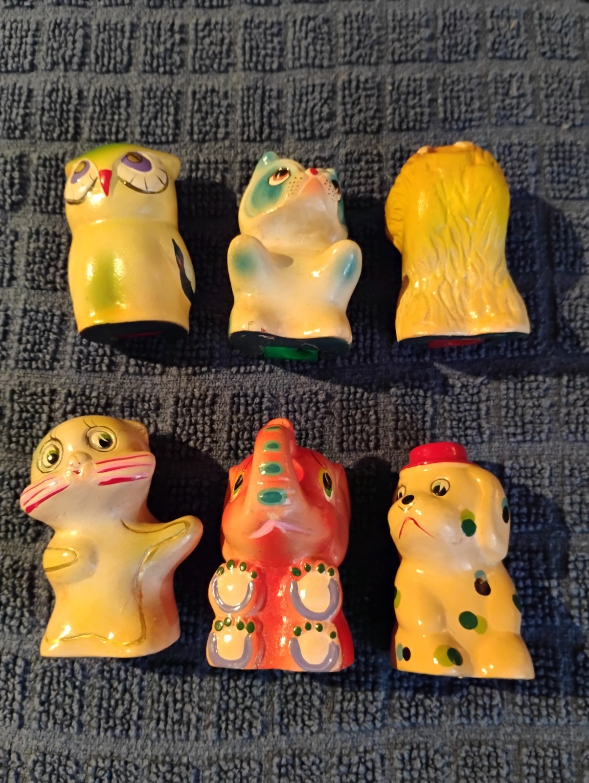 Vintage Chalkware Lark Pencil Sharpeners 6 animals (dogs, cat, owl, elephant)