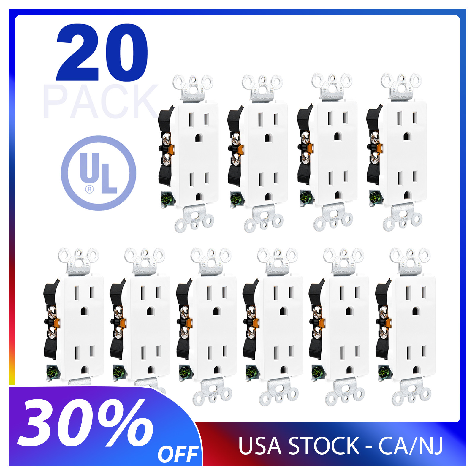 Decorator Receptacle Outlet 15A 125V 3 Wire Self-Grounding Residential Grade ×20