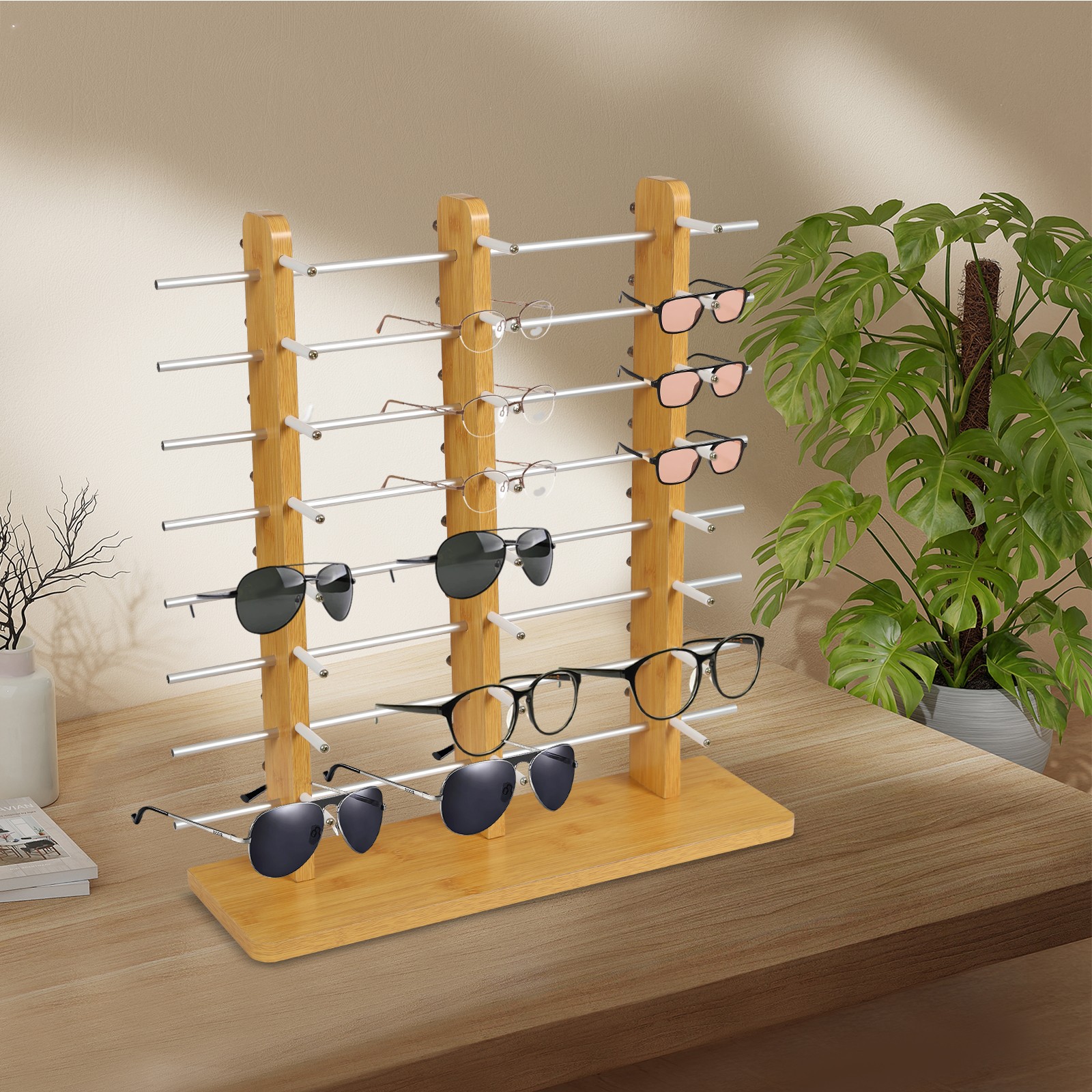 Multi-Layers Wood Sunglass Display Rack Eyeglasses Show Stand 24 Pairs of Glasse