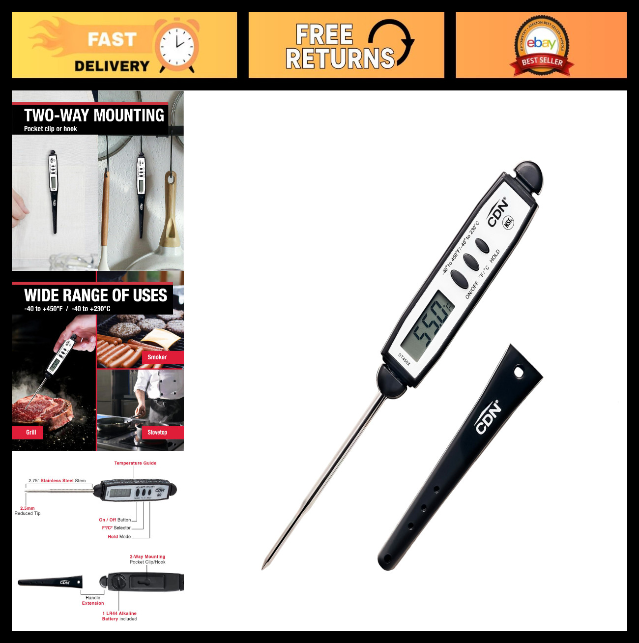 Waterproof Instant Read Cooking Thermometer - 2.75" Stainless Steel, Shatterproo