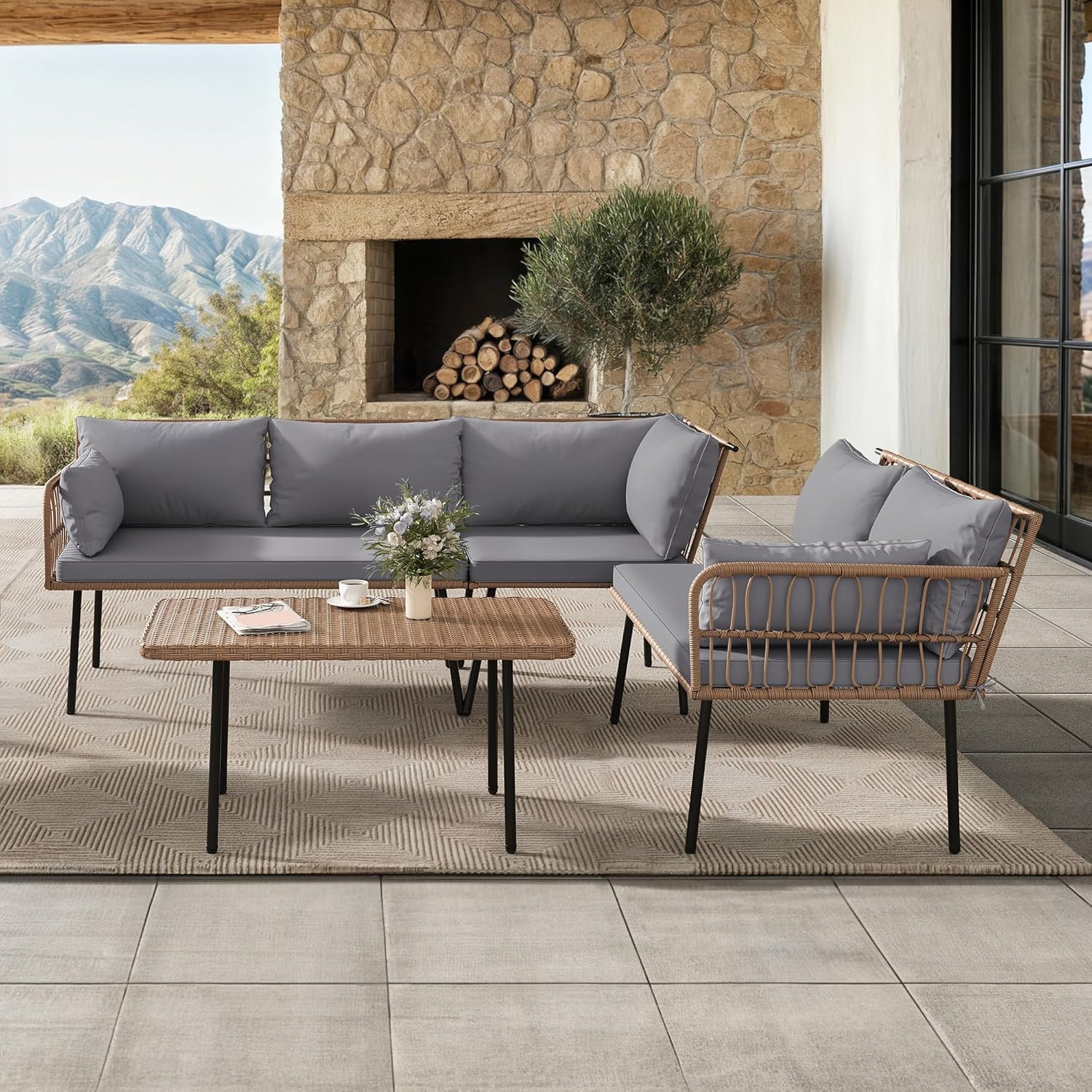 4-Piece Wicker Patio Furniture Set, All Weather PE Rattan Conversation Set Secti