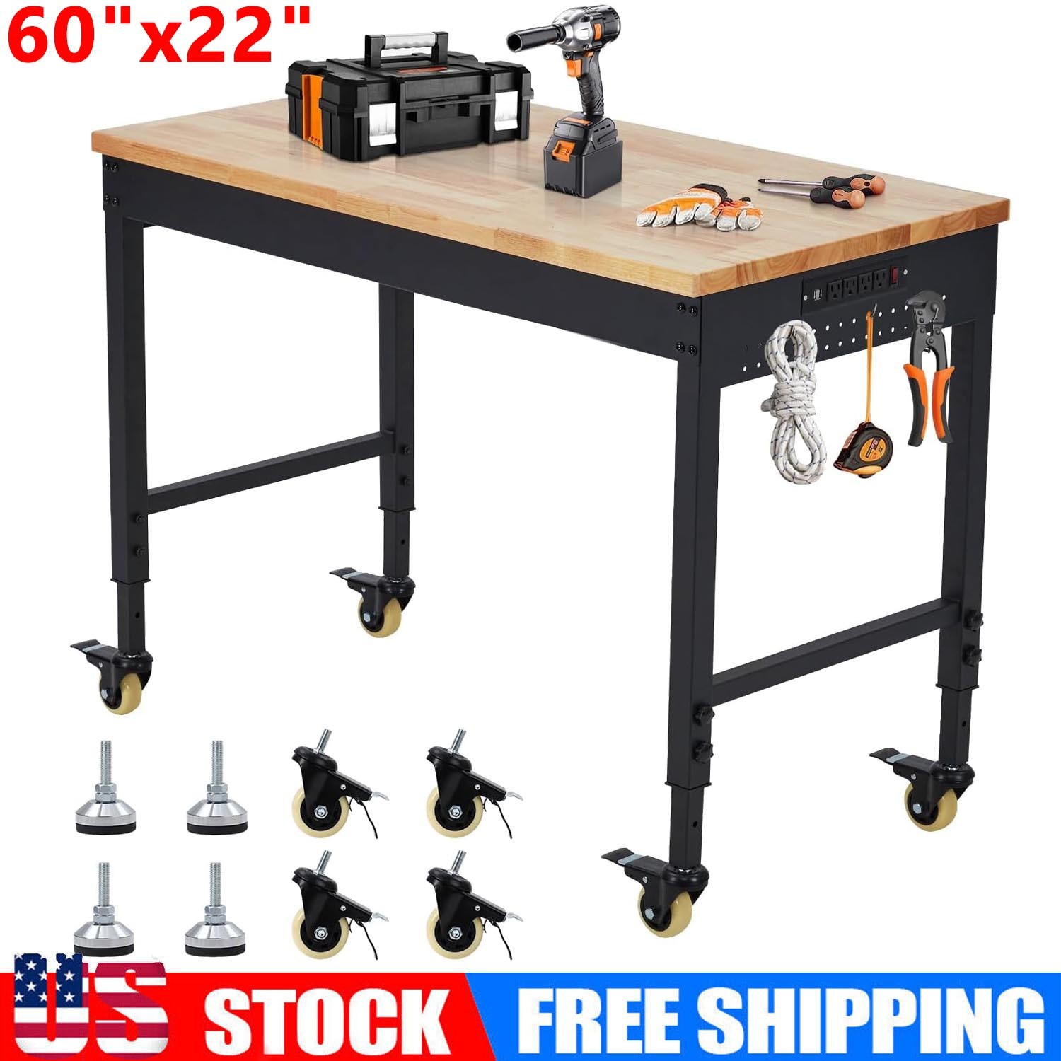 Height Adjustable Garage Workbench 60" x 22" 2000 Lbs with Wheels & Power Outlet