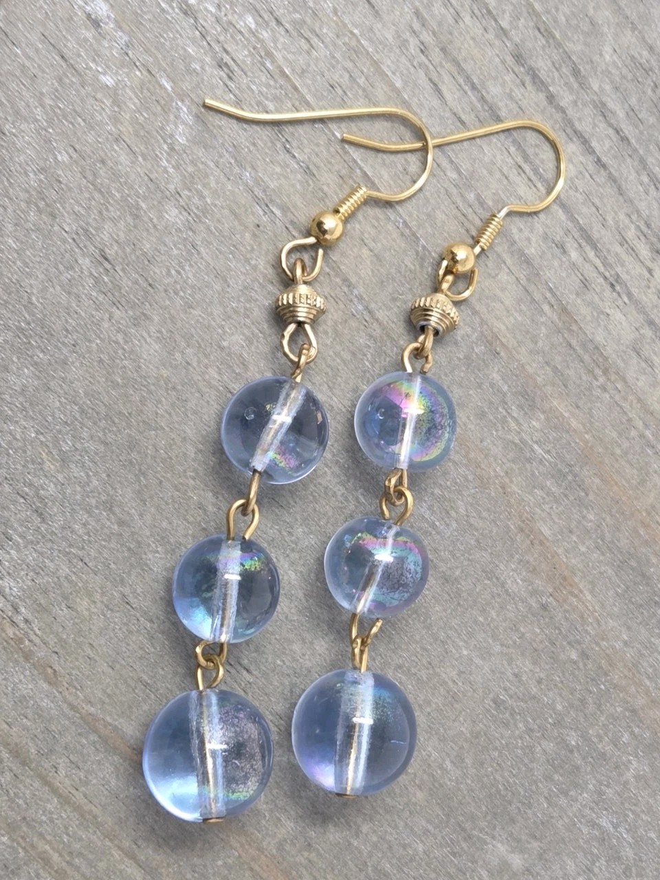 Light Blue AB Round Glass Triple Beaded Dangle Drop Earrings 3 Inches Vintage