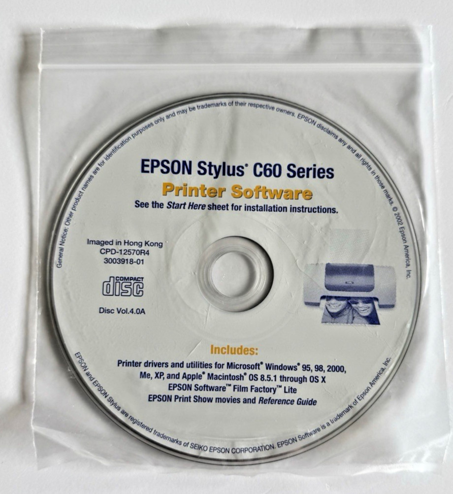 Vintage 2002 Epson Stylus C60 Series Printer Software Drivers and Utilities Disc